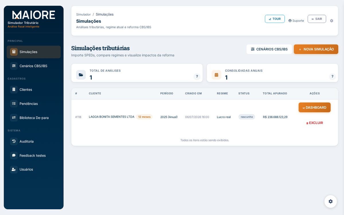 Lista de Simulações (tela inicial)